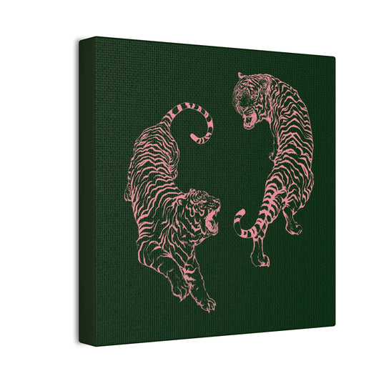 Pink Tigers Canvas Art - Dark Green and Pink Japanese Tigers - Wrapped Canvas Art