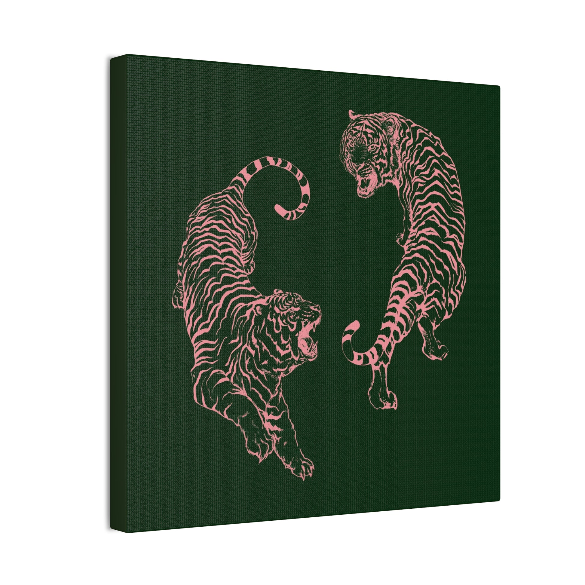 Pink Tigers Canvas Art - Dark Green and Pink Japanese Tigers - Wrapped Canvas Art - DesignBohemian