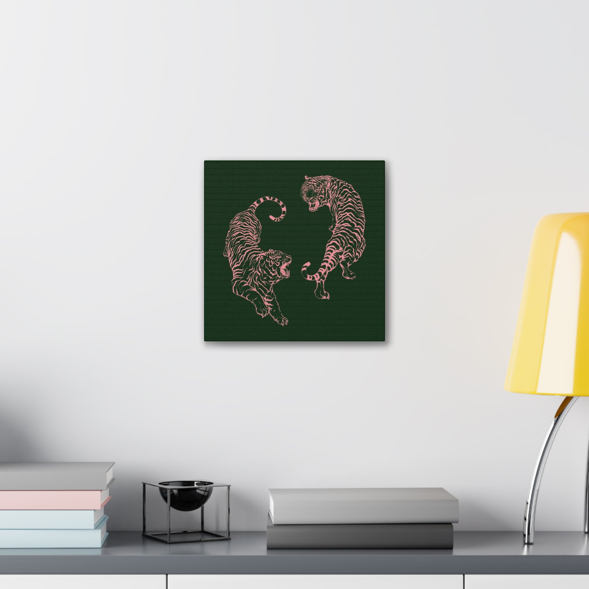 Pink Tigers Canvas Art - Dark Green and Pink Japanese Tigers - Wrapped Canvas Art - DesignBohemian