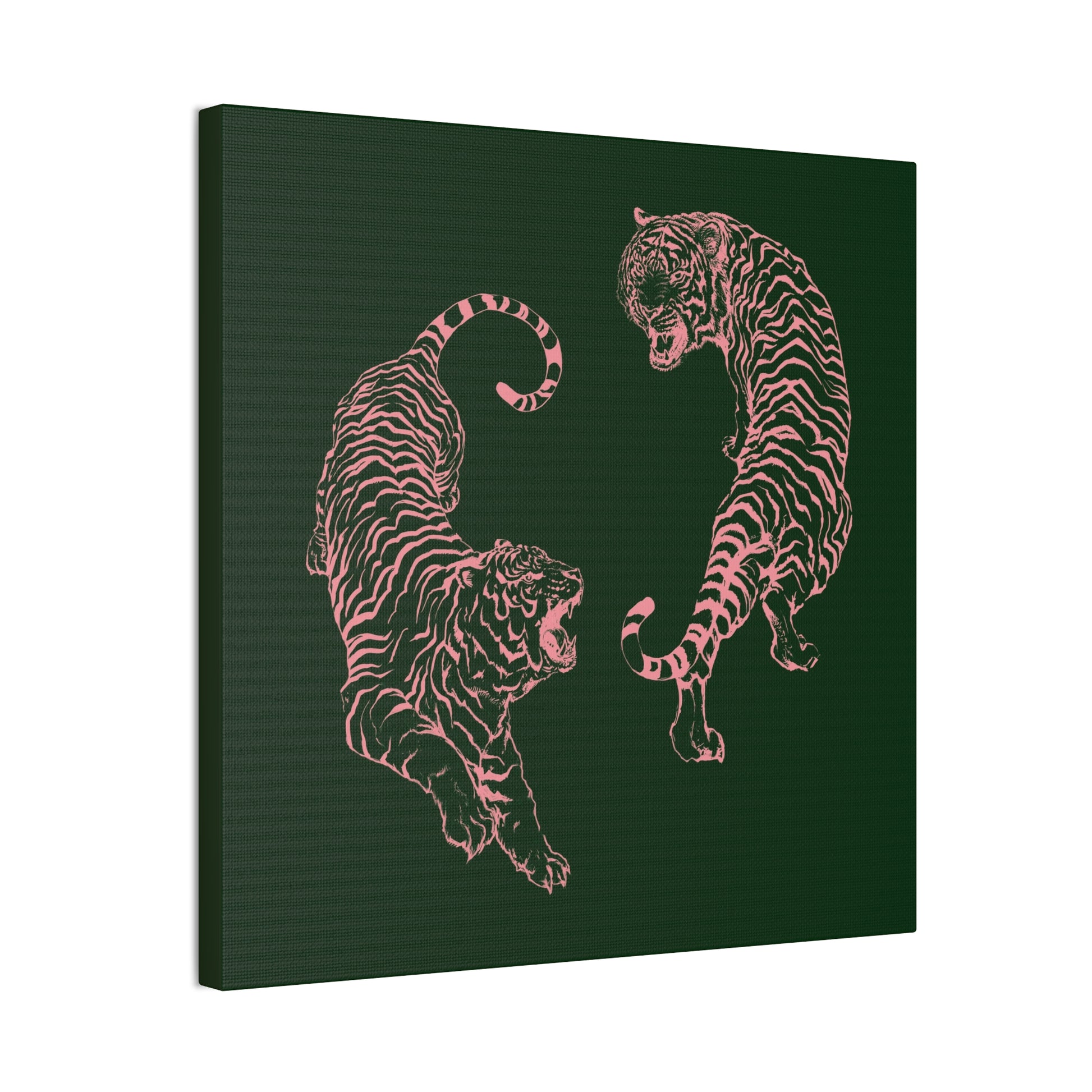 Pink Tigers Canvas Art - Dark Green and Pink Japanese Tigers - Wrapped Canvas Art - DesignBohemian