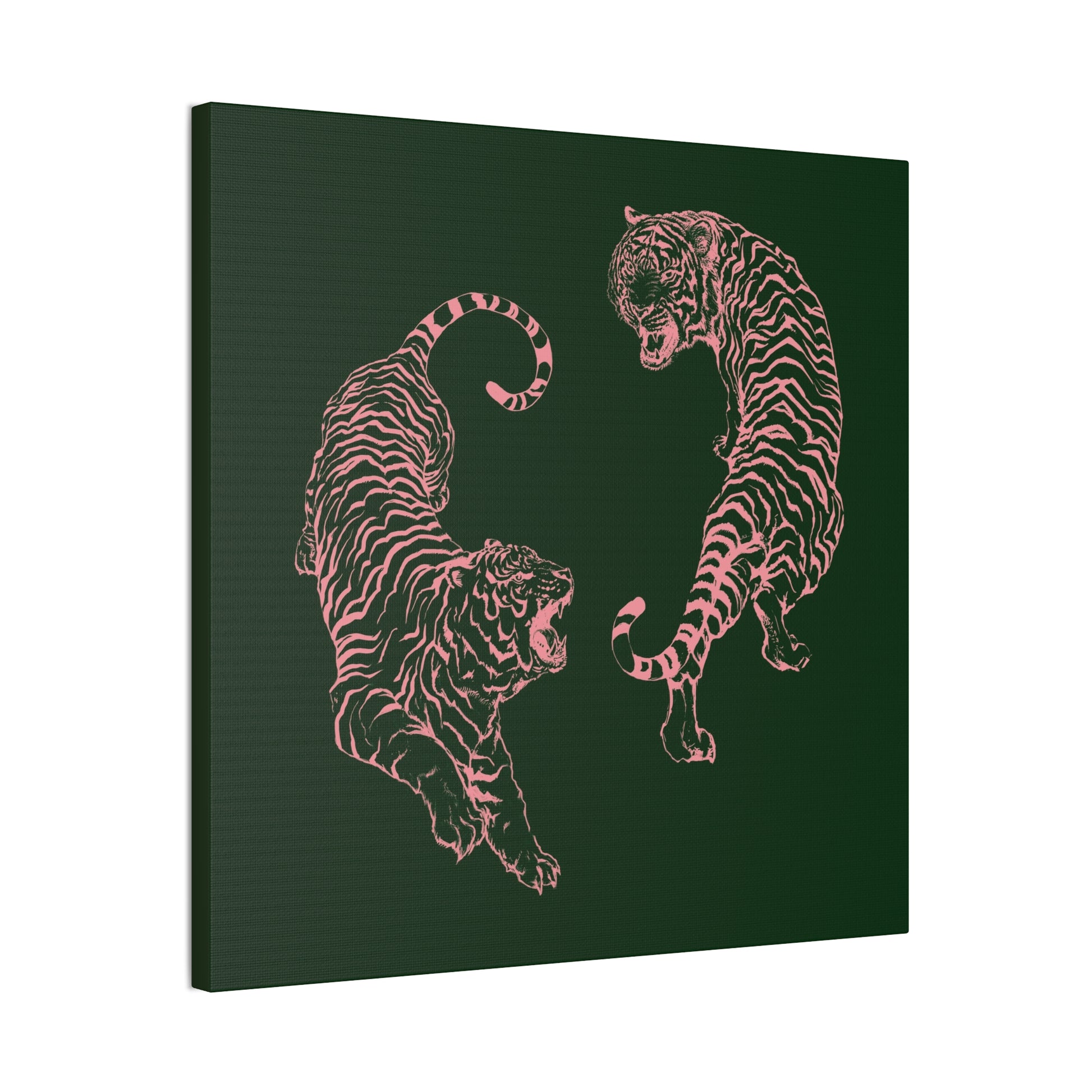 Pink Tigers Canvas Art - Dark Green and Pink Japanese Tigers - Wrapped Canvas Art - DesignBohemian