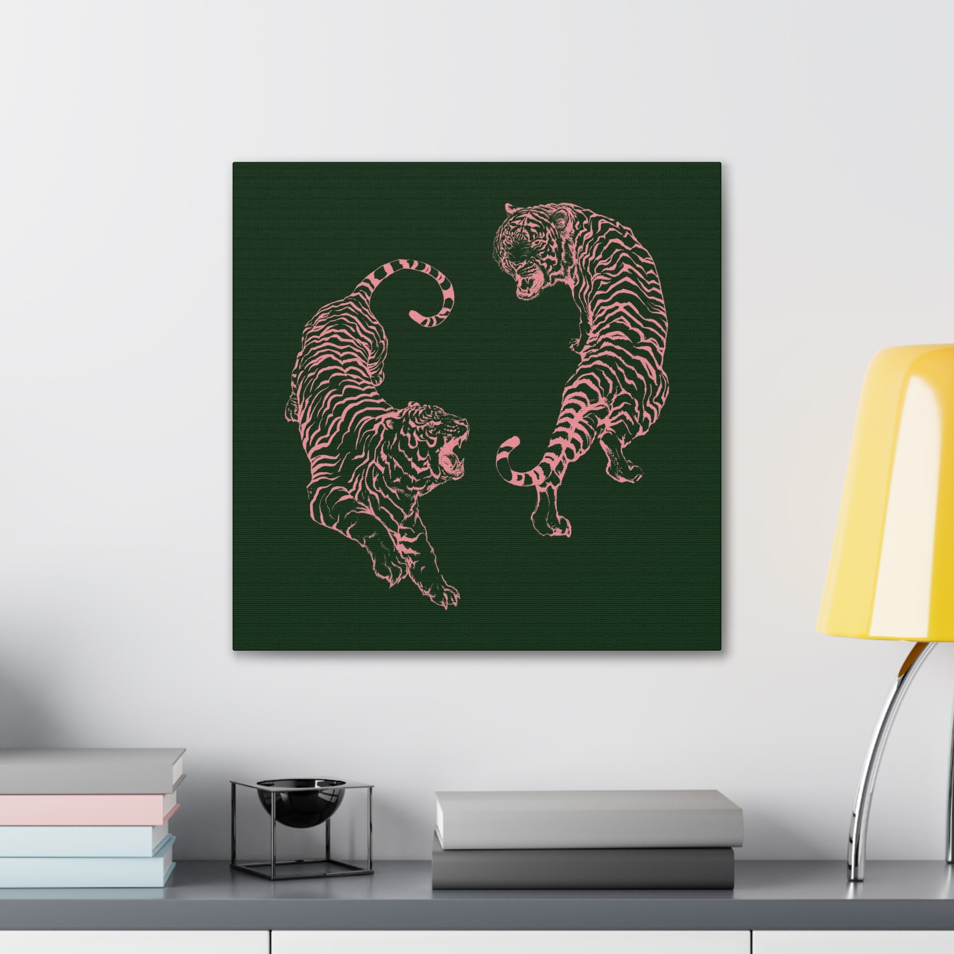 Pink Tigers Canvas Art - Dark Green and Pink Japanese Tigers - Wrapped Canvas Art - DesignBohemian