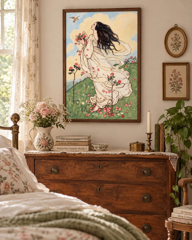 Vintage Rose Maiden Art Print – Romantic Botanical Wall Art