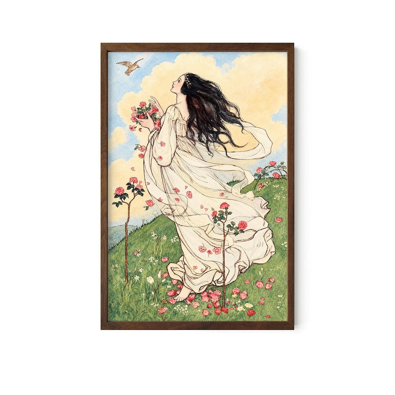 Vintage Rose Maiden Art Print – Romantic Botanical Wall Art