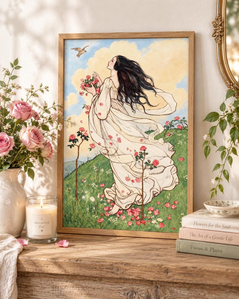 Vintage Rose Maiden Art Print – Romantic Botanical Wall Art