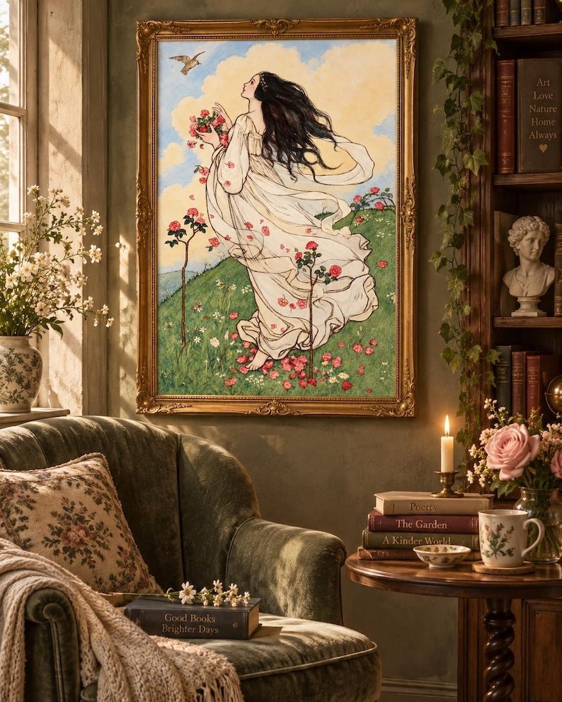 Vintage Rose Maiden Art Print – Romantic Botanical Wall Art