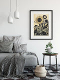Sunflowers Art Print Linocut Bohemian Large Artwork On Premium Archival Paper Vibrant Colors by My Store