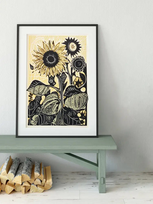 Sunflowers Art Print Linocut Bohemian Large Artwork On Premium Archival Paper Vibrant Colors by My Store