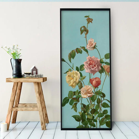 Tea Roses - Pink and Blue - Bohemian Vintage - Print Large Artwork - Floral - Long Poster
