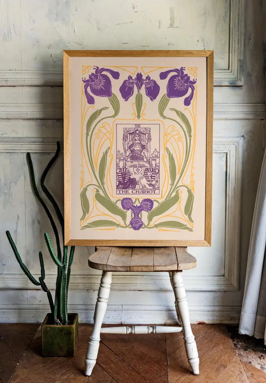 The Chariot Card Print Floral Nouveau Tarot Vintage Art In Purple And Green Elegance by My Store