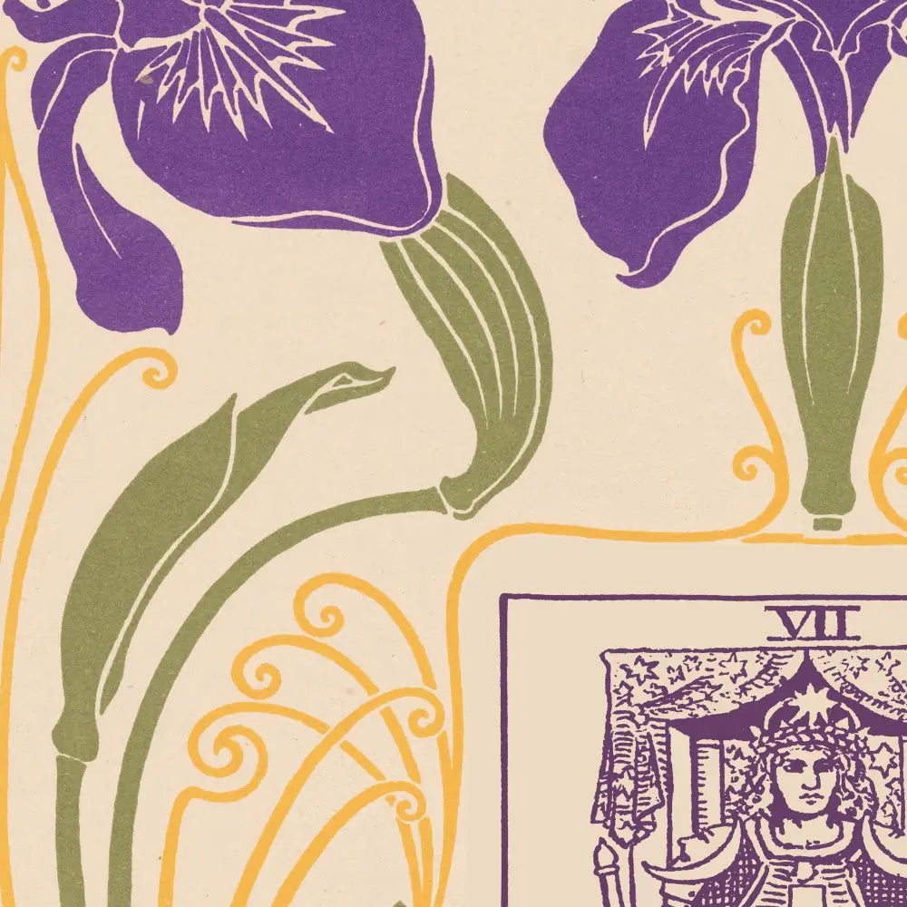 The Chariot Card Print Floral Nouveau Tarot Vintage Art In Purple And Green Elegance by My Store