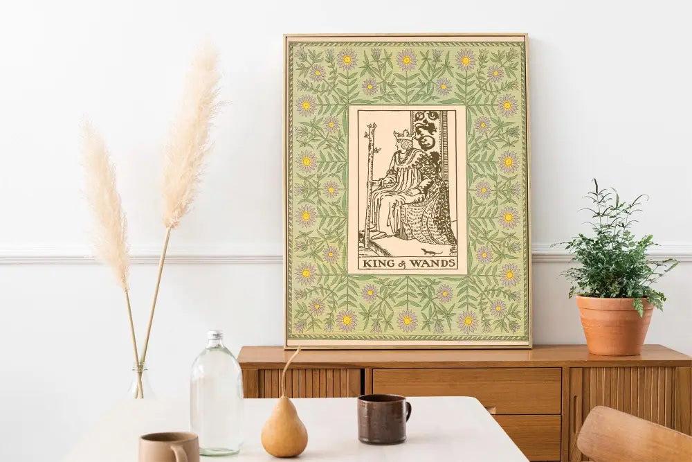 The King Of Wands Print Vintage Shabby Chic Tarot Poster Green For Elegant Wall Decor by My Store