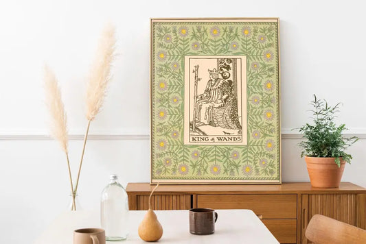 The King Of Wands Print Vintage Shabby Chic Tarot Poster Green For Elegant Wall Decor by My Store