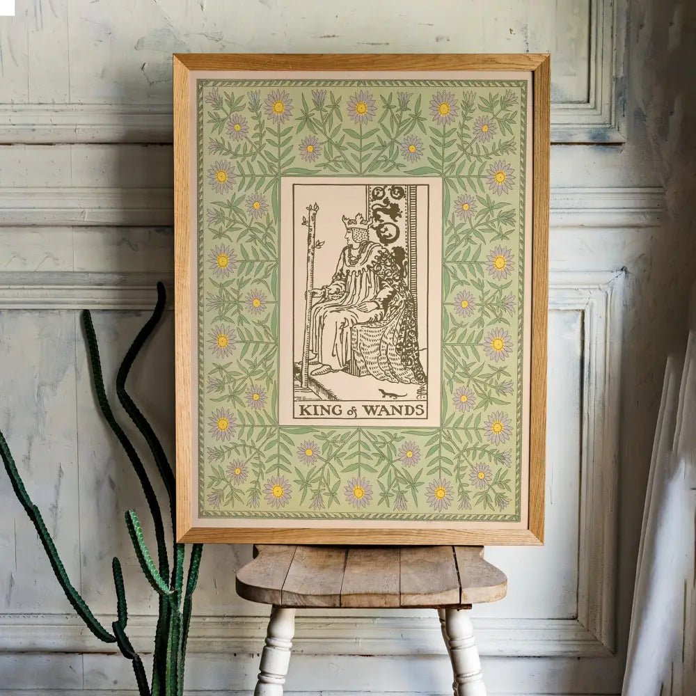 The King Of Wands Print Vintage Shabby Chic Tarot Poster Green For Elegant Wall Decor by My Store