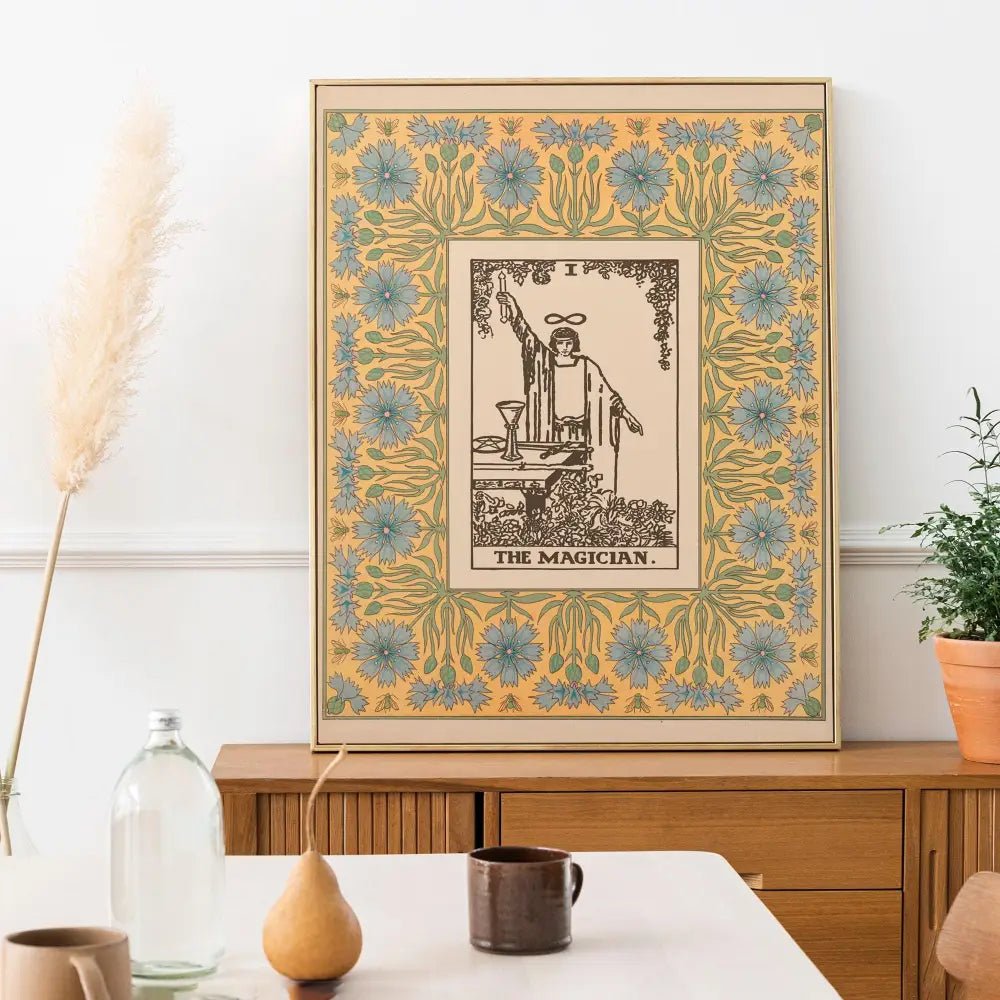 The Magician Print Vintage Shabby Chic Tarot Poster In Vibrant Yellow And Blue Art Print by My Store