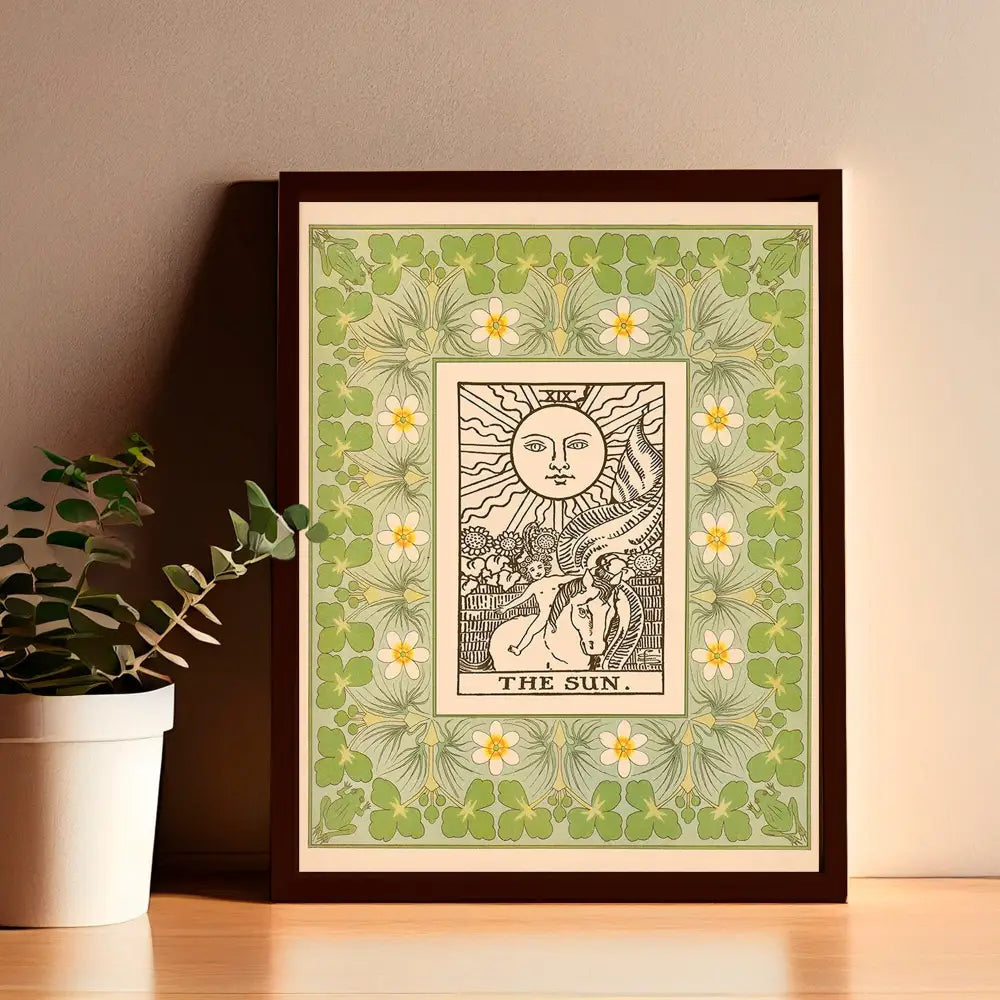 The Sun Tarot Print Vintage Shabby Chic Green Poster In Nouveau Tarot Card Style by My Store