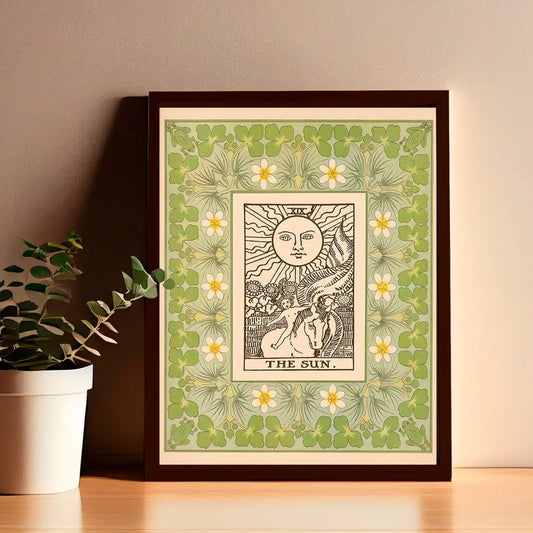 The Sun Tarot Print Vintage Shabby Chic Green Poster In Nouveau Tarot Card Style by My Store