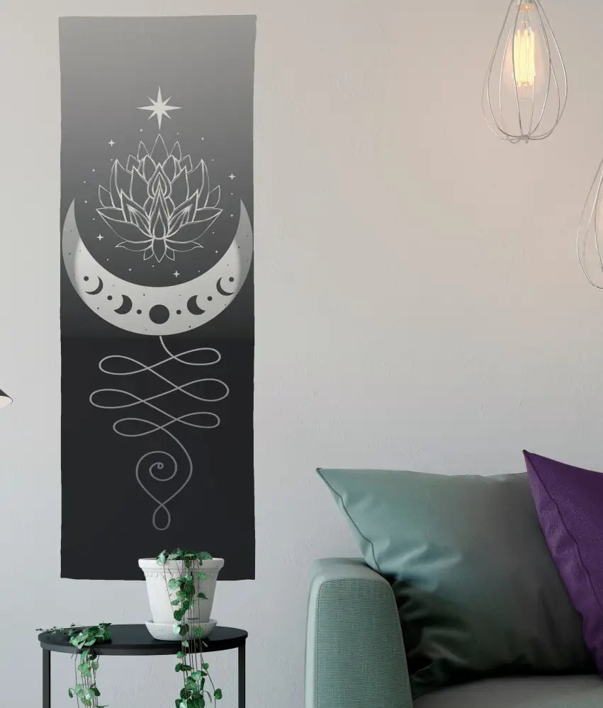Unalome Moon Phases Tapestry: Gothic Meditation Wall Hanging (48x17) by DesignBohemian