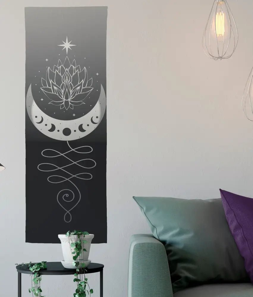 Unalome Moon Phases Tapestry: Gothic Meditation Wall Hanging (48x17) by DesignBohemian