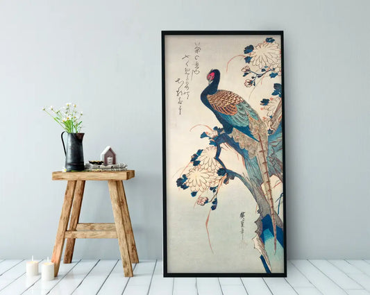 Vibrant Art Nouveau Peacock Floral Print Long Poster In Blue And Green Tones, Vintage Japanese Art by My Store