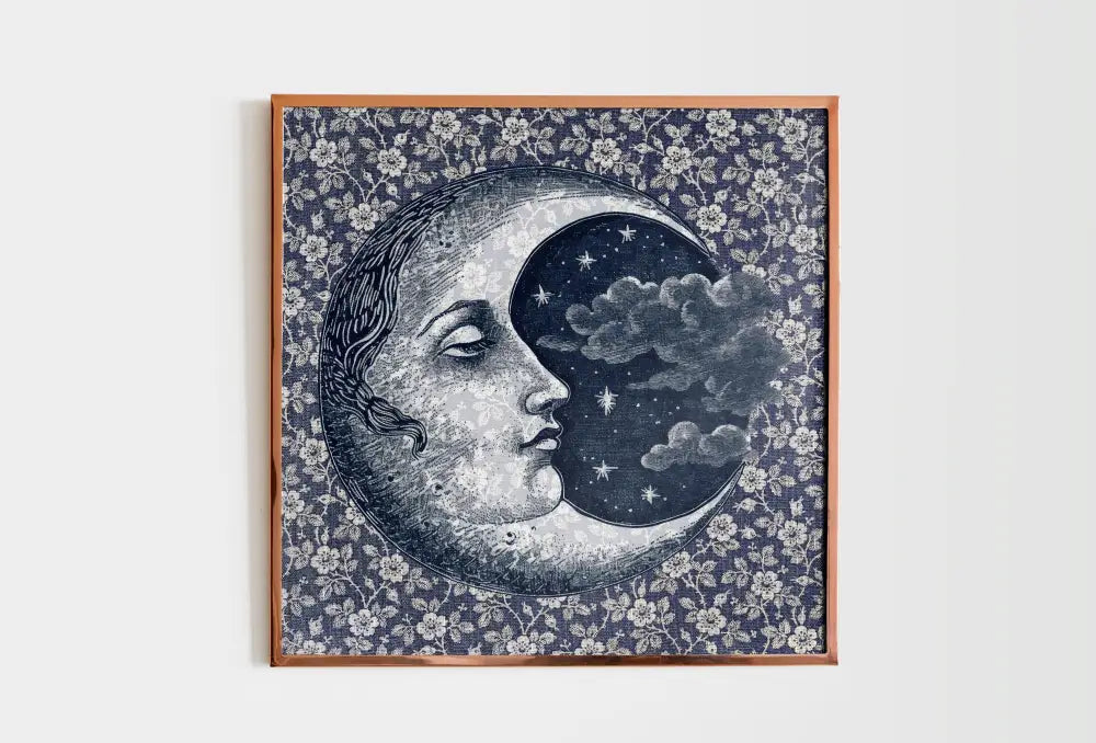 Vintage Blue Moon Print With Face In Art Nouveau Chic Floral Design On Premium Archival Fine Art Paper by My Store