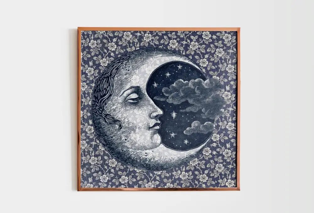 Vintage Blue Moon Print With Face In Art Nouveau Chic Floral Design On Premium Archival Fine Art Paper by My Store