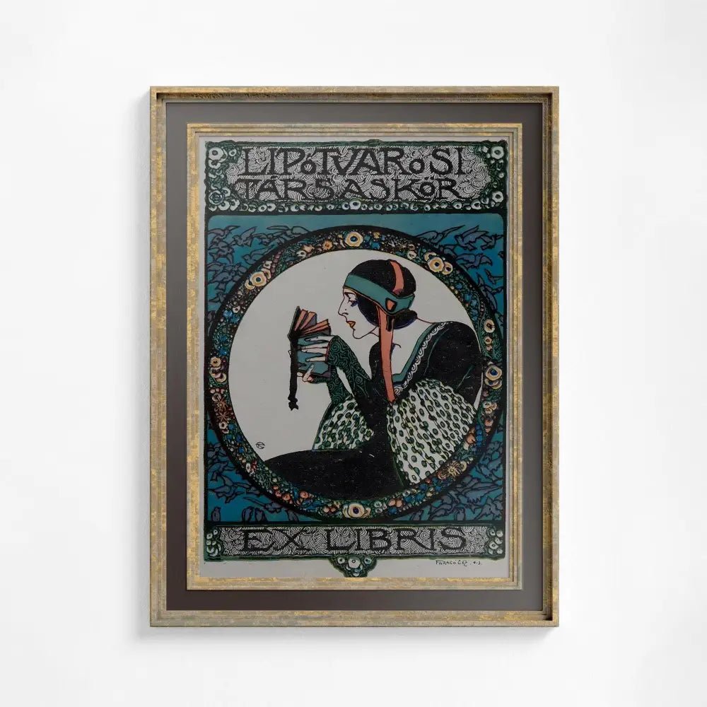 Vintage Book Lover Print Ex Libris Art Nouveau Poster Large Blue And Black Wall Art by DesignBohemian