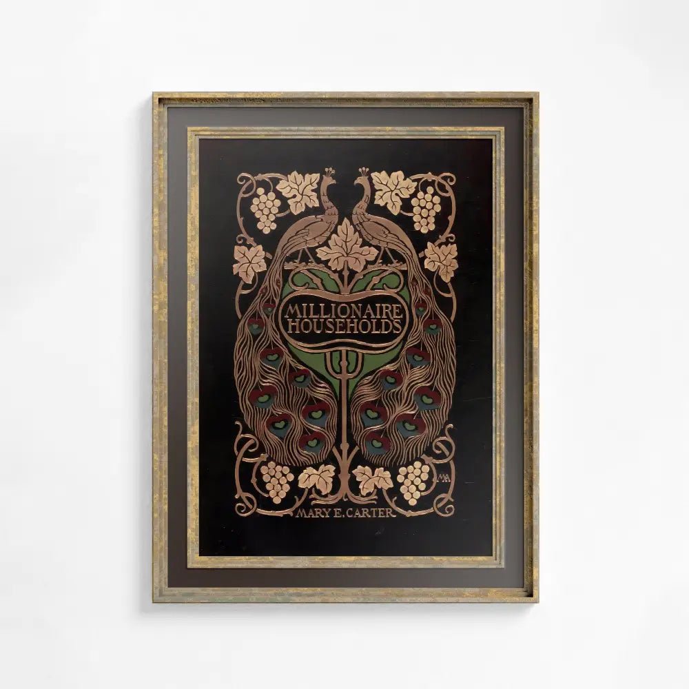 Vintage Book Print Peacock Ornate Nouveau Large Artwork In Dark Beige Premium Archival Matte by My Store