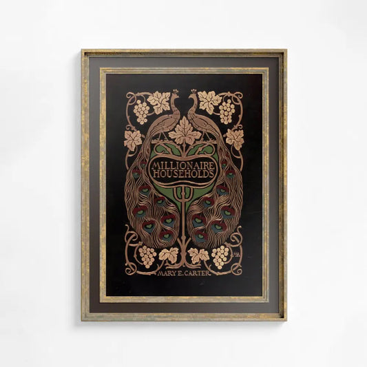 Vintage Book Print Peacock Ornate Nouveau Large Artwork In Dark Beige Premium Archival Matte by My Store