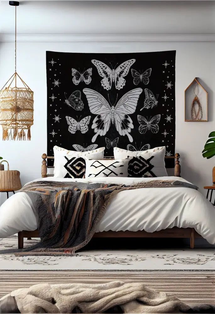 Vintage Butterfly Tapestry Wall Hanging Black And White Meditation Yoga Grunge Hippie by DesignBohemian