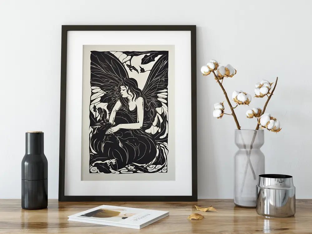 Vintage Fairy Butterfly Print Black And White Poster For Elegant Home Decor Fine Art Paper by My Store