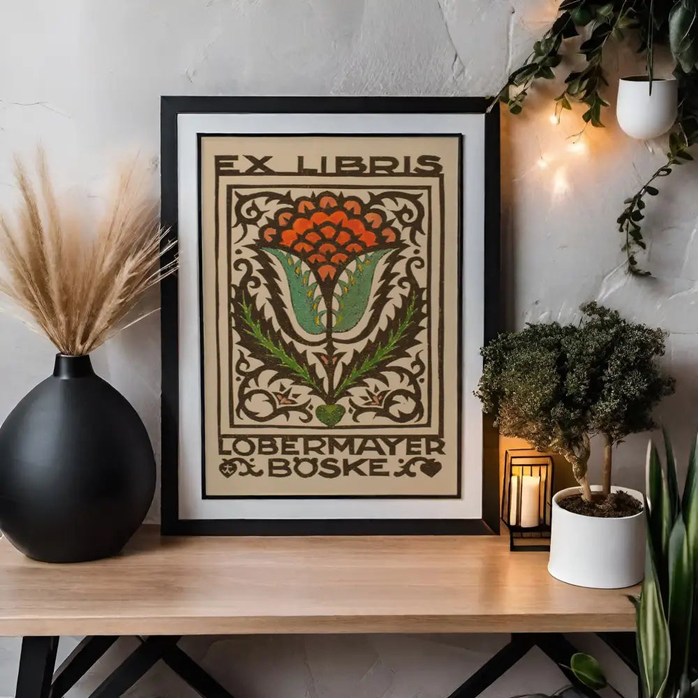 Vintage Flower Ex Libris Art Nouveau Poster Red Beige Bohemian Wall Art Print for Living Room Decor by My Store