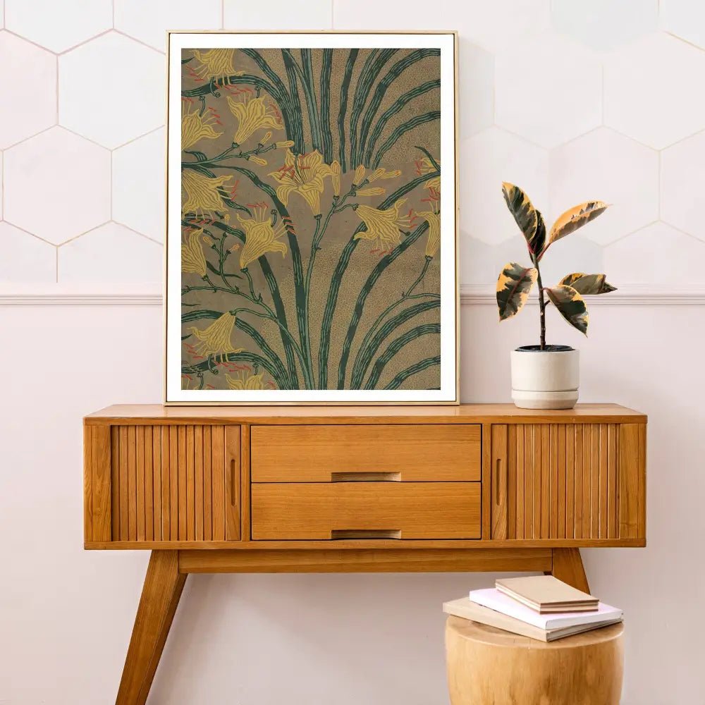 Vintage Green And Beige Walter Crane Floral Print Artwork by My Store