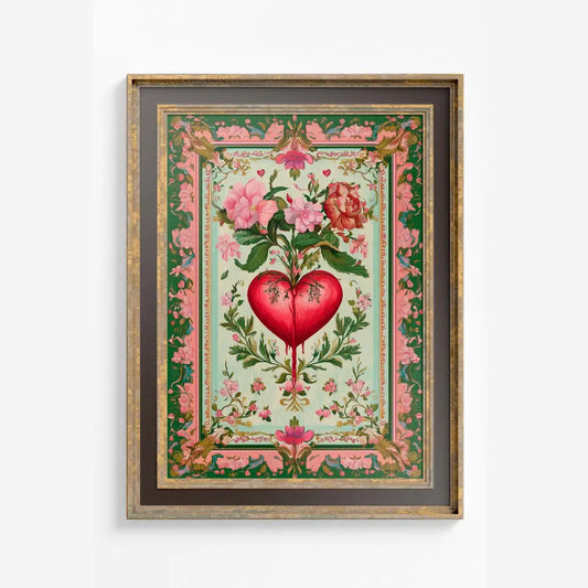 Vintage Immaculate Heart Art Print Three of Swords Floral Decor in Green and Pink Tones by My Store