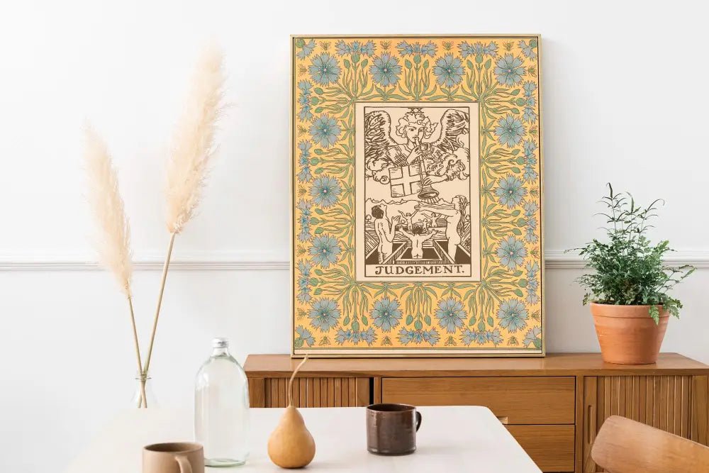 Vintage Judgement Print Shabby Chic Tarot Poster With Yellow And Blue Floral Accents by My Store