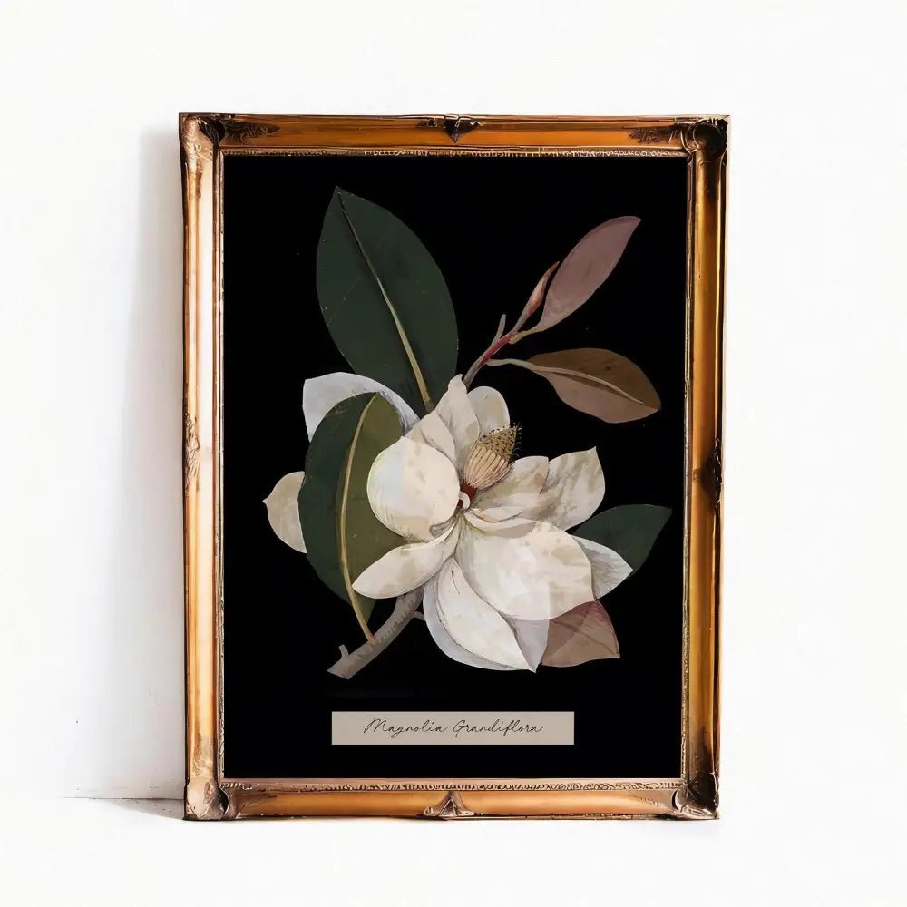Vintage Magnolia Moody Floral Art Print Beige and Black Wall Decor for Dark Academia Whimsigoth Interiors by My Store