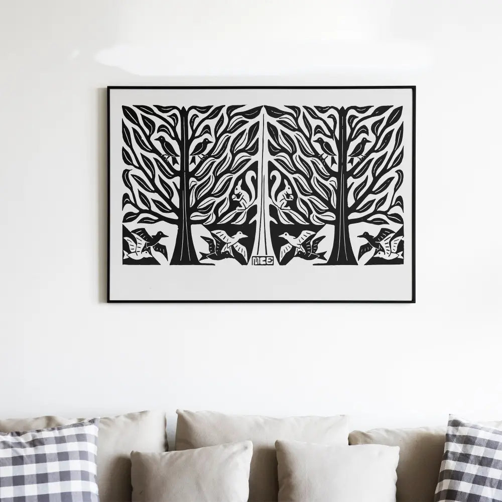 Vintage Monochrome Floral Ink Art Nouveau Print with Tree Symmetry in Black and Beige by My Store