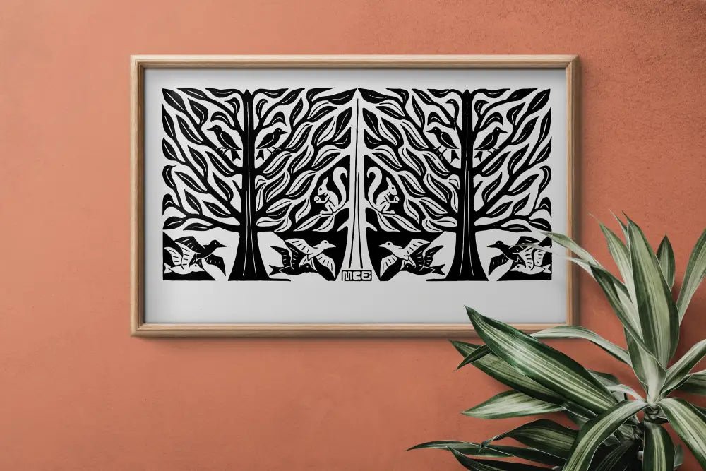 Vintage Monochrome Floral Ink Art Nouveau Print with Tree Symmetry in Black and Beige by My Store
