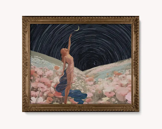 Vintage Moon Collage Feminine Art Canvas Or Print With Ethereal Moonlit Glow For Home Decor by My Store