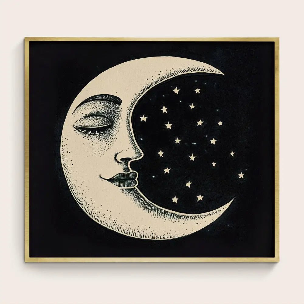 Vintage Moon Print With Face In Black And Beige Art Nouveau Shabby Chic Poster Fine Art by DesignBohemian