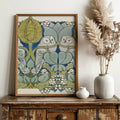 Vintage Owls Print Large Green Blue Floral Artwork Archival Paper by My Store