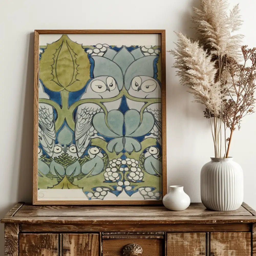 Vintage Owls Print Large Green Blue Floral Artwork Archival Paper by My Store
