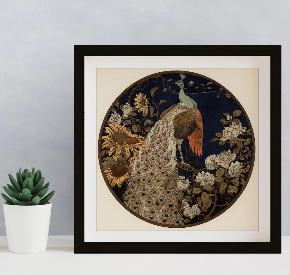 Vintage Peacock Painting Print Black Beige Square Art On Premium Archival Matte Fine Art Paper by My Store
