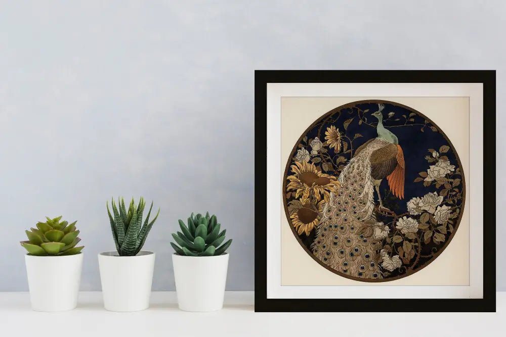 Vintage Peacock Painting Print Black Beige Square Art On Premium Archival Matte Fine Art Paper by My Store