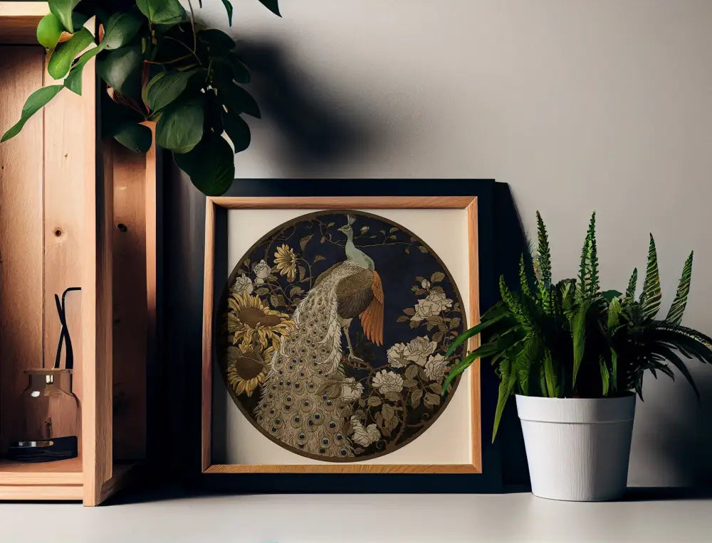 Vintage Peacock Painting Print Black Beige Square Art On Premium Archival Matte Fine Art Paper by My Store