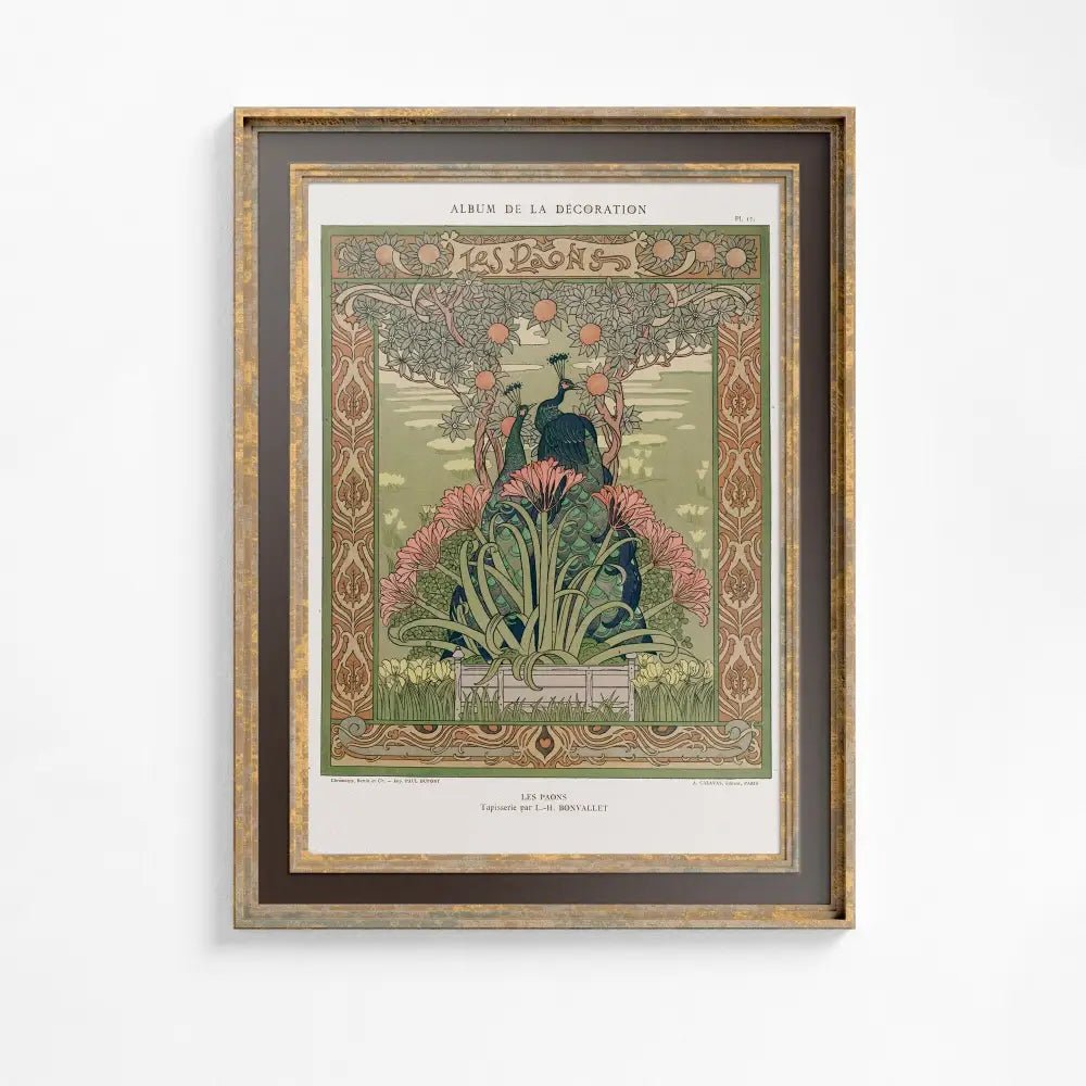 Vintage Peacock Paris Print Beige Ornate Nouveau Artwork by My Store
