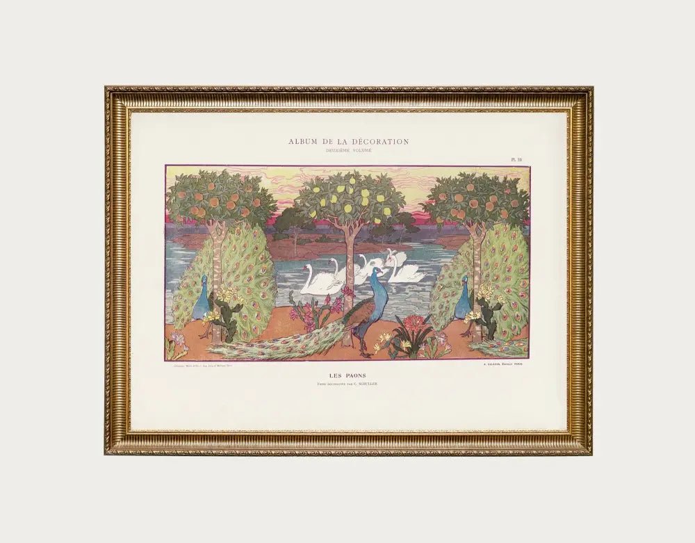 Vintage Peacock Print Art Nouveau Landscape Artwork With Swans And Floral Motifs by My Store