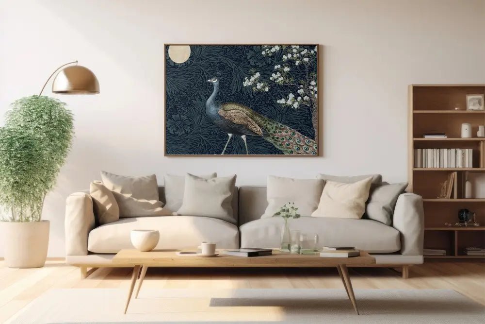 Vintage Peacock Print Dark Blue Landscape Art Poster Inspired by Art Nouveau Floral Motifs by My Store