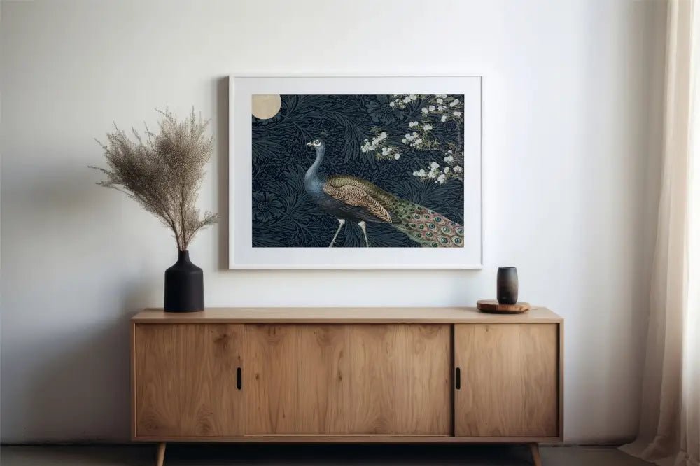 Vintage Peacock Print Dark Blue Landscape Art Poster Inspired by Art Nouveau Floral Motifs by My Store