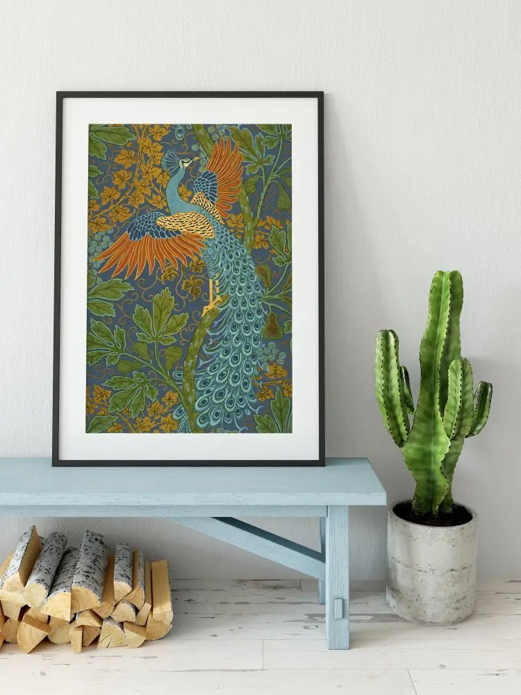 Vintage Peacock Print Paris Ornate Nouveau Artwork Orange and Green by My Store